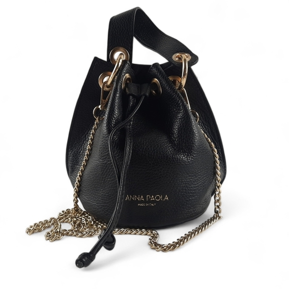 ANNA PAOLA Top Handle Crossbody Drawstring Bucket Bag Pebbled Leather Italy